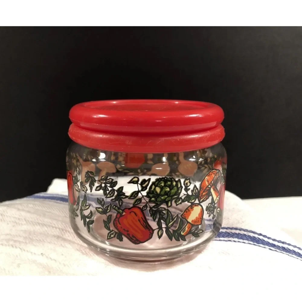 Red-Lid Glass Food Storage Jar with Tomato & Mushroom Design